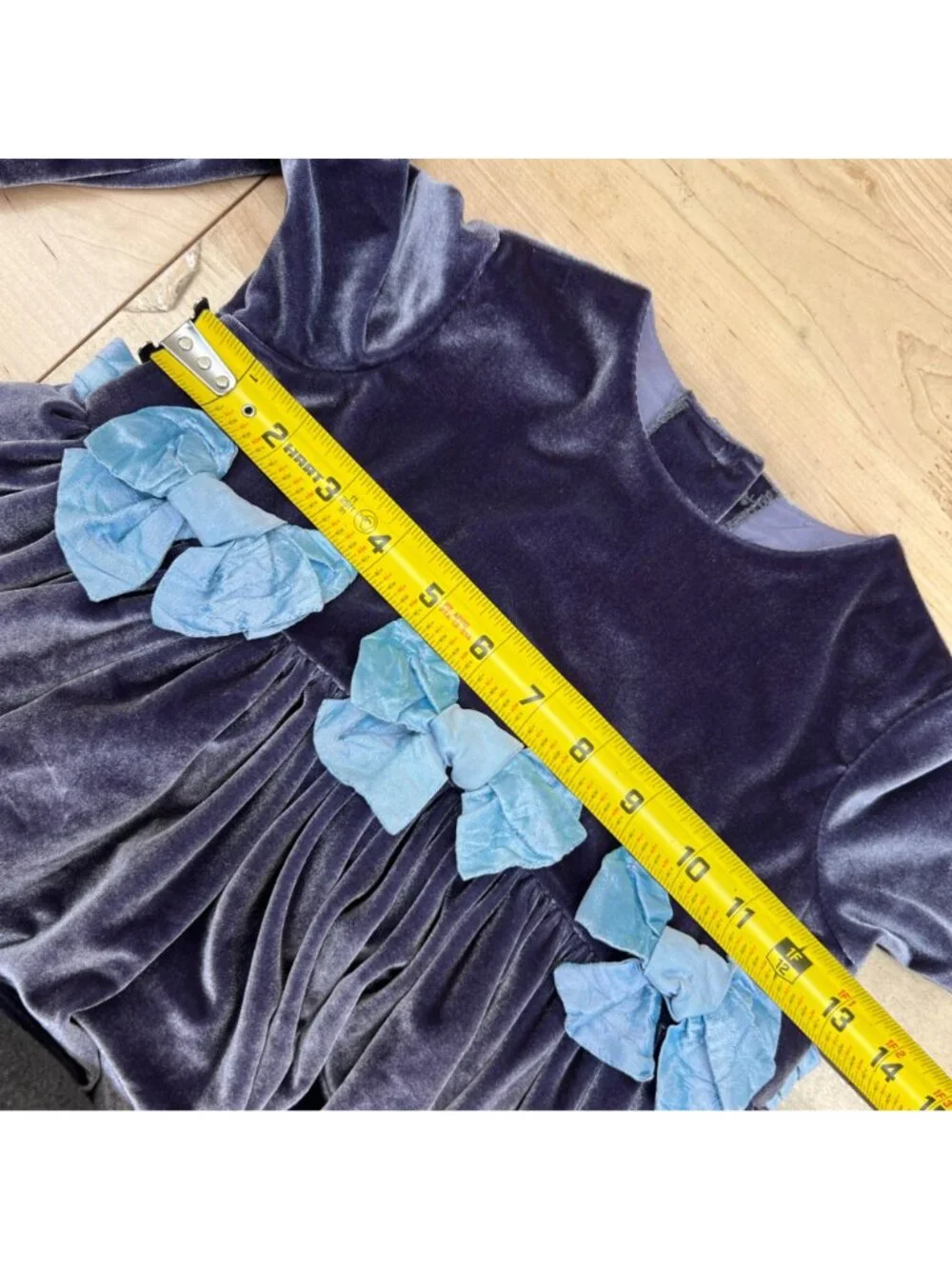 Mademoiselle Charlotte Velvet Gray Dress Blue Bow Accents Long Sleeves Size 2T